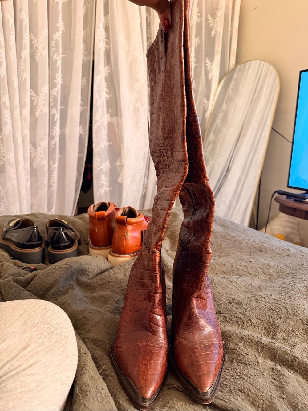 Free People Brown Croc-Embossed Pointed Toe Knee-High Boots